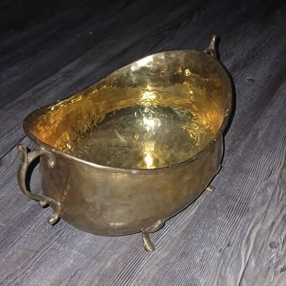 Antique  Hammered Style Brass Footed Tub Decor, Brass Pansy Plant Pot - Picture 3 of 8